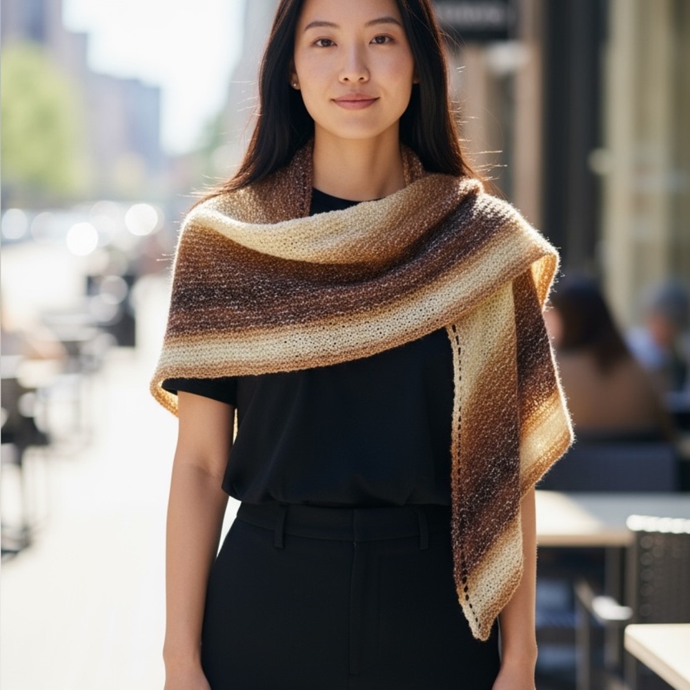 Shawl Triangle Brown Cream Gold Neutral Hand Crafted Lacy Knit